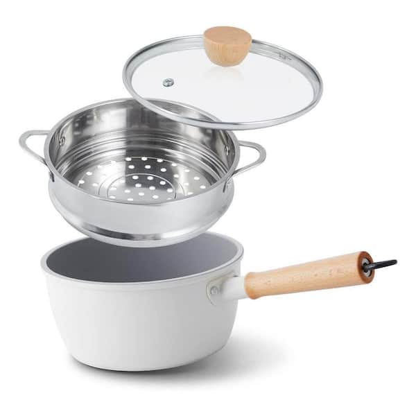 3-Piece White Ceramic Nonstick Saucepan Set with Wooden Handle, Steamer Pot, Glass Lid, Induction Compatible