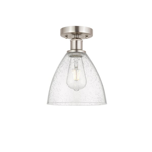 Bristol Glass 7.5 in. 1-Light Brushed Satin Nickel, Seedy Semi-Flush Mount with Seedy Glass Shade