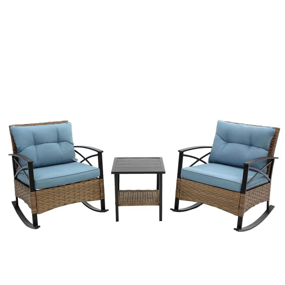 HOMEFUN 3-Piece Wicker Outdoor Bistro Rocking Chair Set with