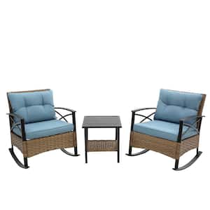 3-Piece Wicker Outdoor Bistro Rocking Chair Set with Light Blue Cushion and Coffee Table
