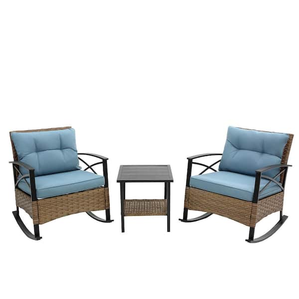 HOMEFUN 3-Piece Wicker Outdoor Bistro Rocking Chair Set with Light Blue Cushion and Coffee Table