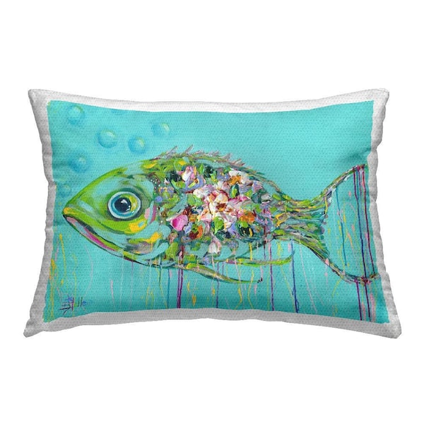Painterly Drip Fish Blue Rectangular Outdoor Throw Pillow