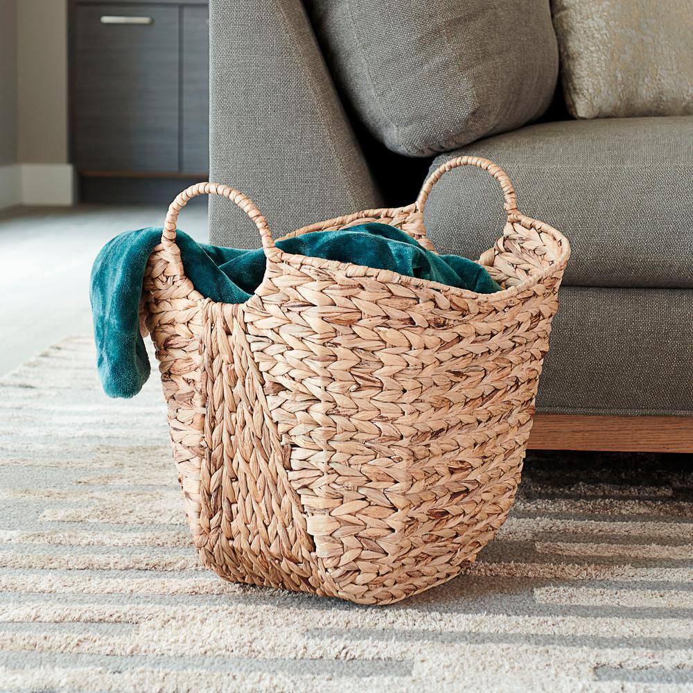 Golden Toffee Water Hyacinth Round Wicker Basket with Metal Frame