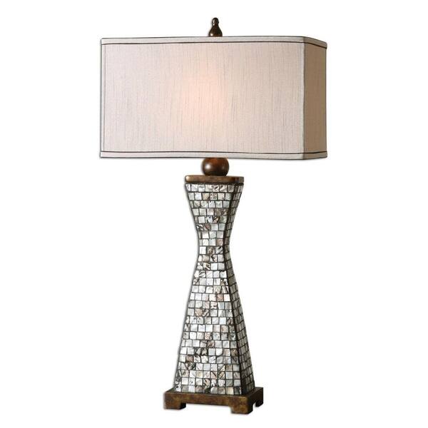 Global Direct 33 in. Shell Inlay Charcoal Gray Grout and Bronze Table Lamp