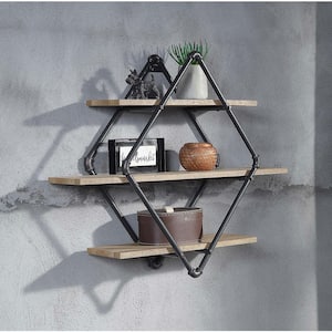 35 in. x 10 in. Wood Urbanne Industrial Aged 3-Tiered Print MDF and Metal Pipe Floating Wall Shelf