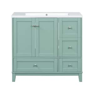 36 in. W Single Sink Bath Vanity in Green with White Solid Surface Top, USB Charging Ports, 2-Doors and 3-Drawers