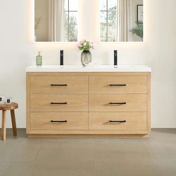 Sigrid 60 in. Double Freestanding White Oak Bath Vanity with White Artificial Stone Top Assembled