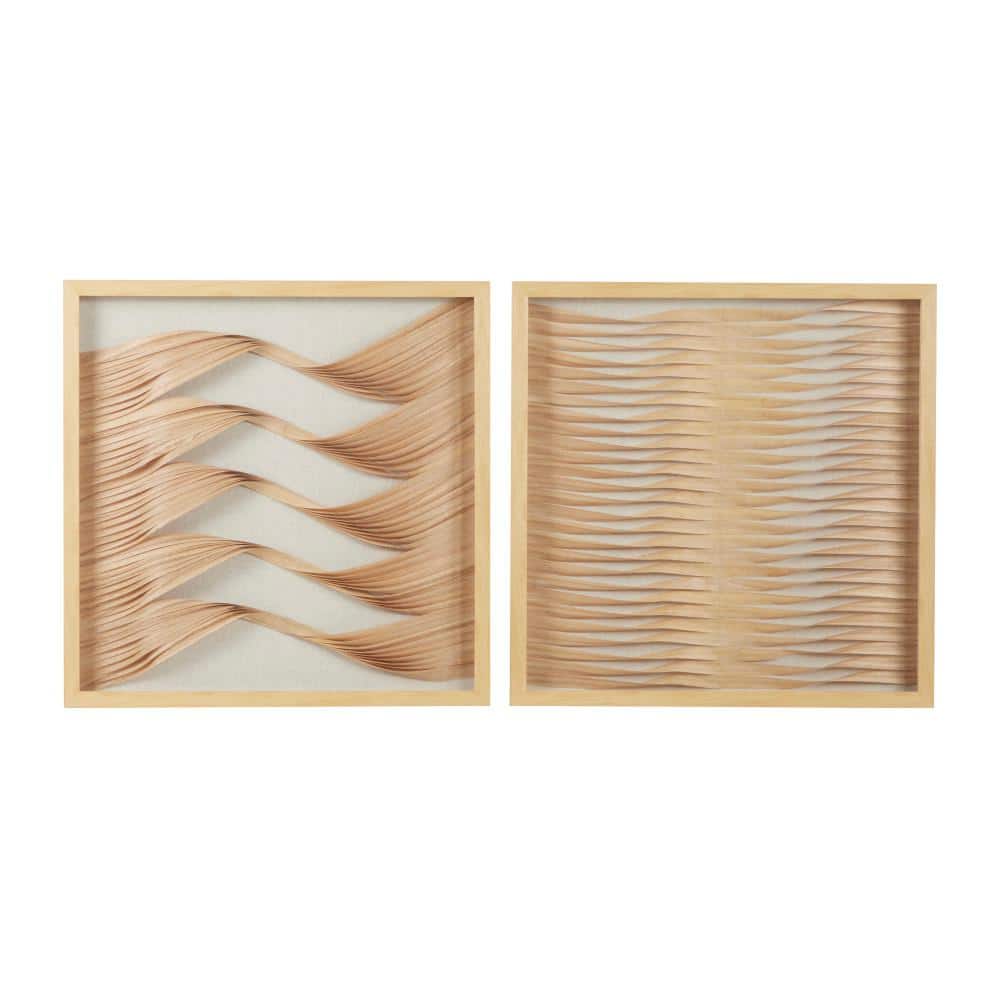 Wood Abstract Handmade Shadow Box with Rattan Weaving Set of 2 Brown - Olivia & May