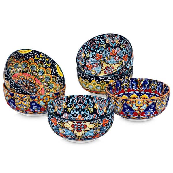 MALACASA 28 fl. oz. Black-green Orange Blue Porcelain Cereal Bowls Set of 6, Double-Sided Pattern Serving Bowls Soup Bowls