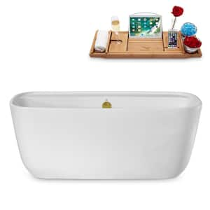 59 in. Acrylic Flatbottom Non-Whirlpool Bathtub in Glossy White With Brushed Gold Drain and Overflow Cover