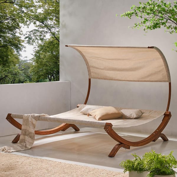 Patio Teak 1 Piece Wood Outdoor Chaise Lounge Day bed Sunbed with Canopy 2 Pillows for Backyards Porches Poolside XY 54891.00 The Home Depot