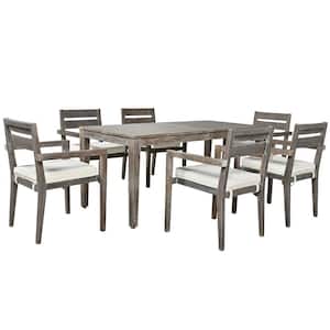 7-Piece Grey Acacia Wood Outdoor Dining Set with Beige Cushions, Dining Table and Chairs for Balcony, Backyard