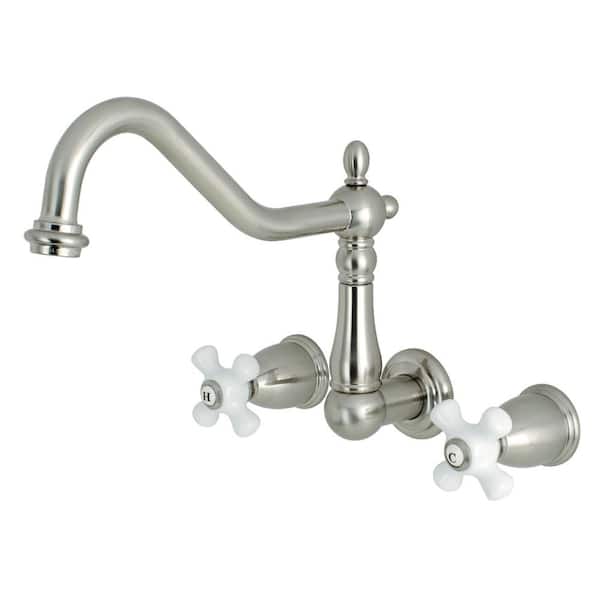 Kingston Brass Heritage 2-Handle Wall-Mount Standard Kitchen Faucet in Brushed Nickel