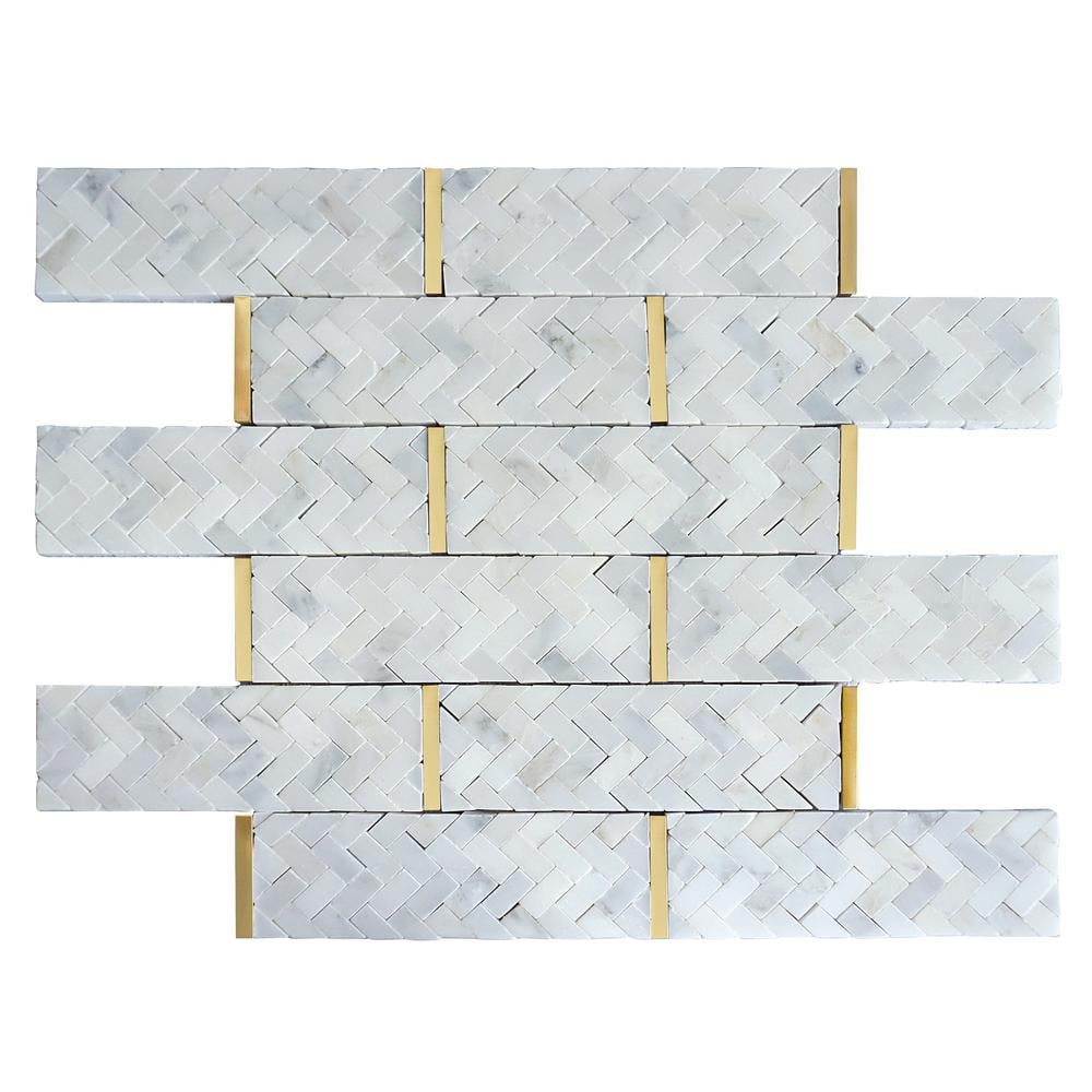 White and Gold Polished Marble Brick Joint Mosaic Tile