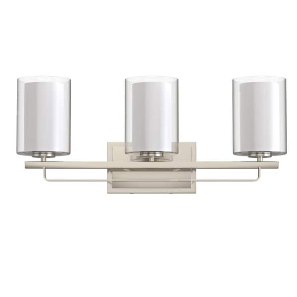 22 in. Brushed Nickel 3-Light Vanity Light with Clear Cylinder Glass Shade for Bathroom, Powder Room or Dressing Room