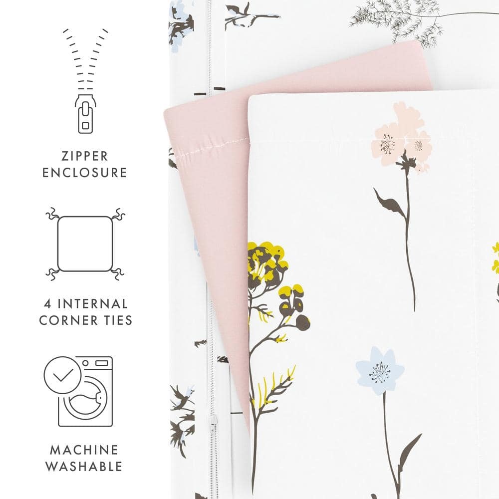Pink Wild Flower Reversible Full/Queen Microfiber 3-Piece Duvet Cover Set