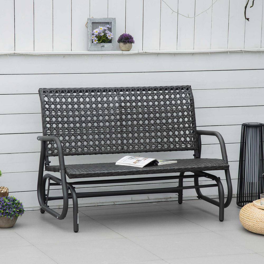 Dark Gray Steel Frame Wicker Outdoor Glider Bench