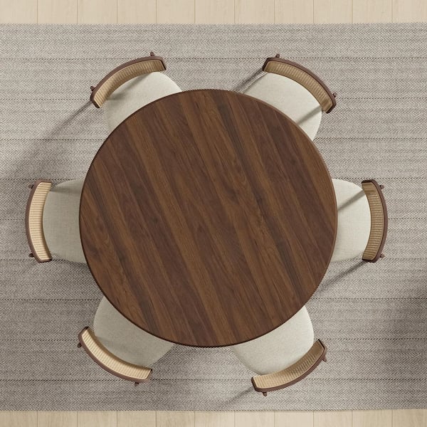 Lirago Cone Walnut Colored Wood 52" Column Base Wide Strip Duckbill Edge Dining Table for 6