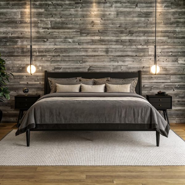 Mid-Century Black Solid Wood Frame King Size Panel Platform Bed