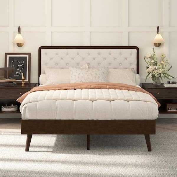 OrangeOne Monster Brown Walnut Solid Wood Frame Queen Size Platform Bed Frame with Upholstered Headboard