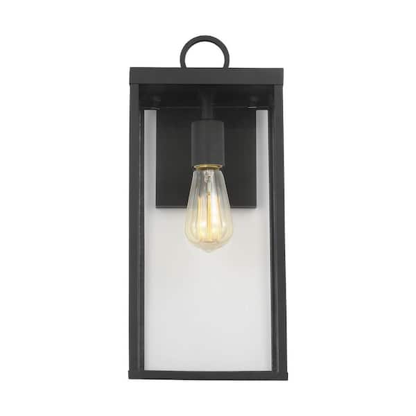 SCOTT LIVING Howell 16.25 in. Textured Black Outdoor Hardwired Wall Lantern Sconce with White/Clear Glass Panels and No Bulb Included