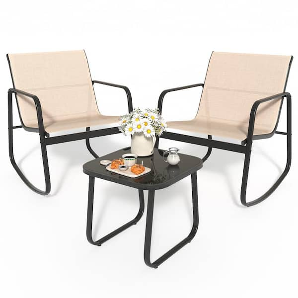 DEXTRUS 3-Piece Patio Outdoor Furniture Bistro Set with Rocking Bistro Chairs and Glass Table