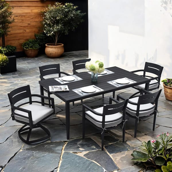 Unbranded 7-Piece Aluminum Outdoor Dining Patio Table Set with 4-Dining Chairs and 2-Swivel Rocking Chairs with Beige Cushions