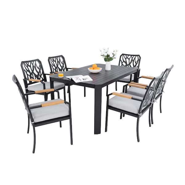 Daheat 7-Piece Patio Aluminum Outdoor Dining Set with 6-Dining Chairs, White Sunbrella Cushions, 1-Dining Table, Bourbon