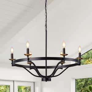 6-Light Vintage Farmhouse Black and Brass Candle Style Hanging Wagon Wheel Chandelier Lighting for Dining Room