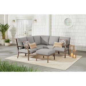 Geneva 6-Piece Brown Wicker Outdoor Patio Sectional Sofa Seating Set with Ottoman and CushionGuard Stone Gray Cushions