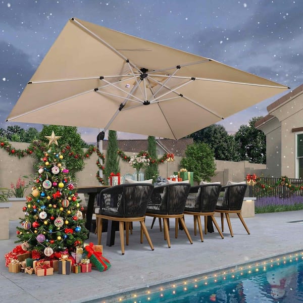 christmas patio umbrella PURPLE LEAF 10 ft. x 13 ft. Windproof Aluminum 360 Rotation Cantilever  Polyester Outdoor Patio Umbrella with Base, Beige PPLLRRC1013KKWB