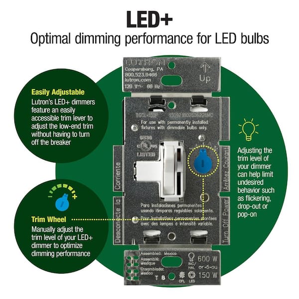 Toggler LED+ Dimmer Switch for Dimmable LED and Incandescent Bulbs, 150W LED/Single-Pole or 3-Way, White (TGCL-153PR-WH)