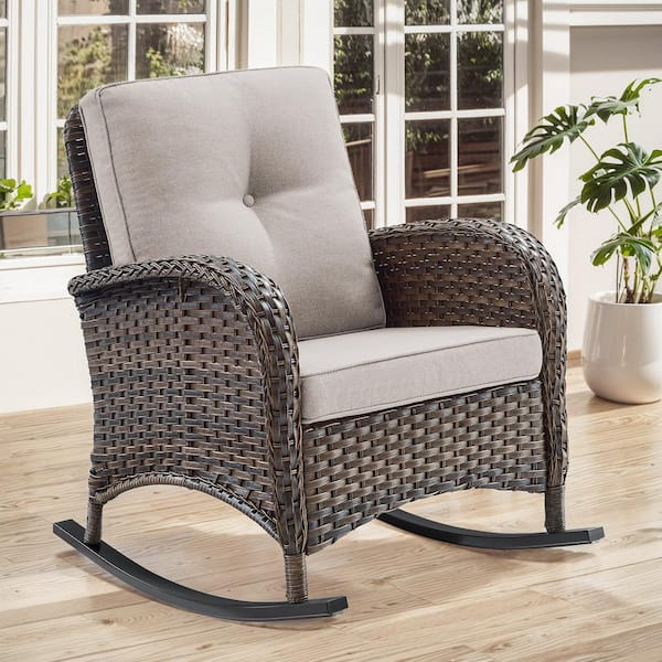 Brown Wicker Outdoor Rocking Chair with Beige Cushion (1-Pack)