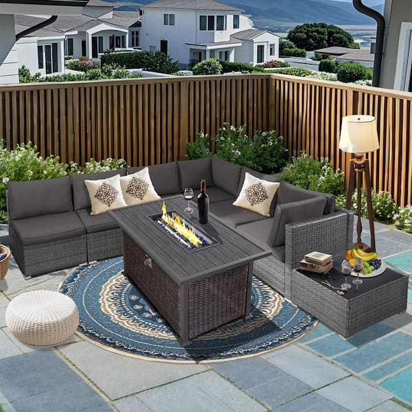 7 Pieces Outdoor Wicker Patio Furniture Set with Grey Cushions and 48 Inch Propane Gas Fire Pit Table