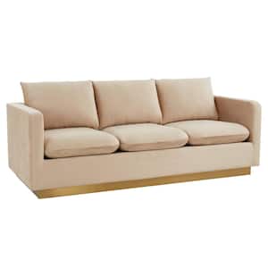 Nervo 83" Mid-Century Modern Upholstered Velvet 3-Seater Sofa With Gold Frame in Beige