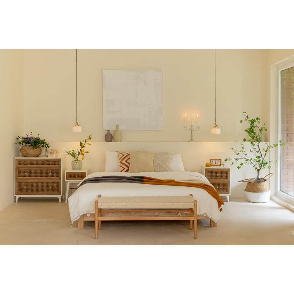 Coastal Chic Distressed White Woven Cane Nightstand with Brass Knobs