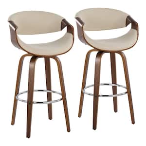Curvini 40 in. Cream Fabric and Walnut Wood High Back Bar Stool with Round Chrome Footrest (Set of 2)