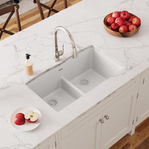 Quartz Classic 33 in. Undermount Double Bowl White Granite/Quartz Composite Kitchen Sink Only