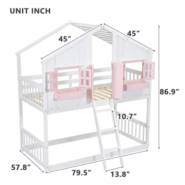 Harper & Bright Designs Pink and White Twin Over Twin House Bunk