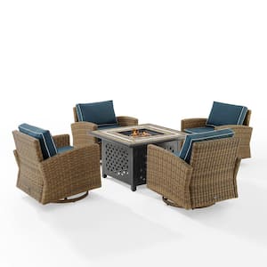 Bradenton Weathered Brown 5-Piece Wicker Patio Fire Pit Set with Navy Cushions