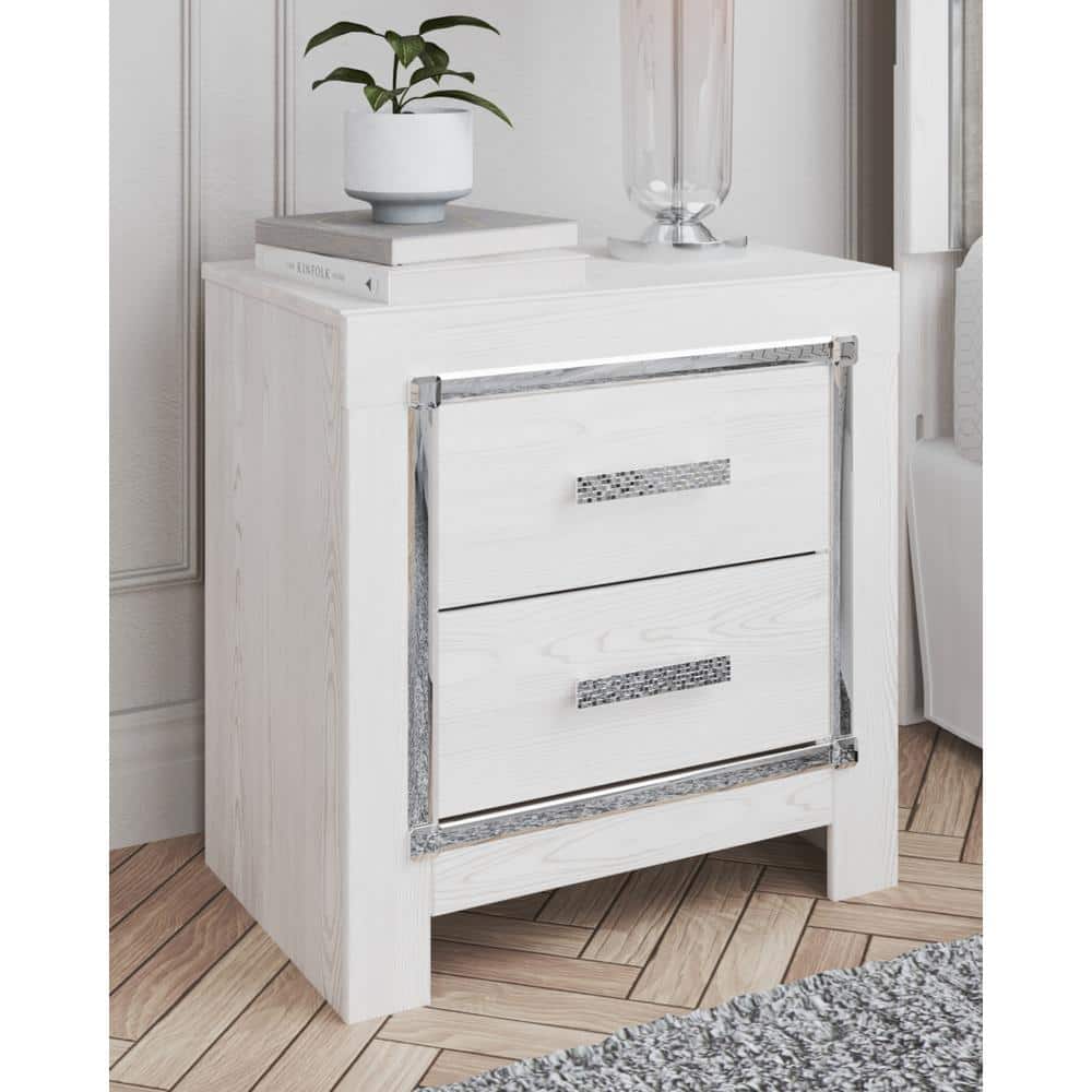 White Transitional 2-Drawer Nightstand with Chrome Accents