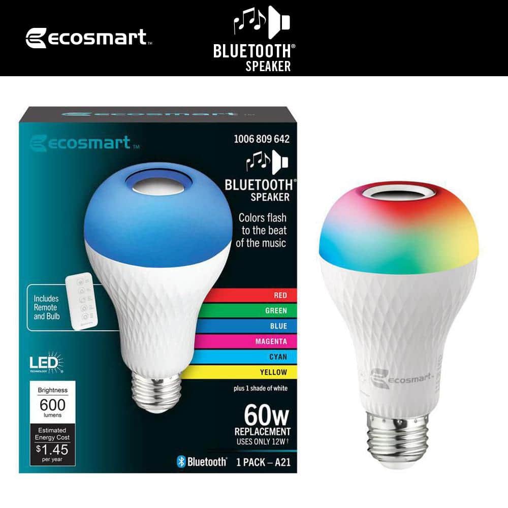 EcoSmart 60-Watt Equivalent A21 Bluetooth Speaker Colored Plus Bright White  E26 Medium LED Light Bulb W/ Remote Control (1-Pack) BTOM60RGB3KESM The 