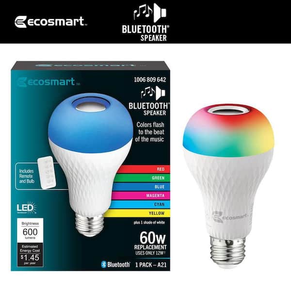 EcoSmart 60-Watt Equivalent A21 Bluetooth Speaker Colored Plus Bright White E26 Medium LED Light Bulb W/ Remote Control (1-Pack)