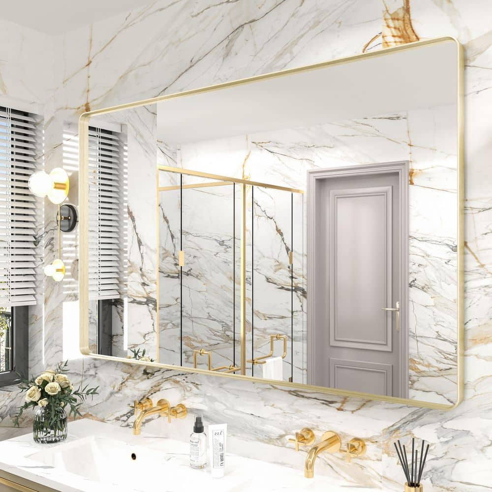 55 in. W x 36 in. H Rectangular Aluminum Alloy Framed and Tempered Glass Wall Bathroom Vanity Mirror in Brushed Gold price history on PriceWatchPro