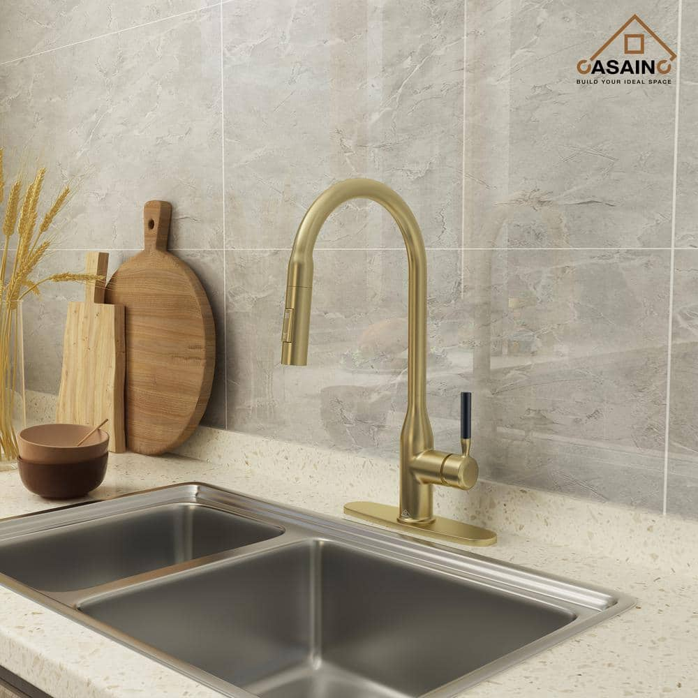 Single Handle Pull Down Sprayer Kitchen Faucet with Advanced Spray, Pull Out Spray Wand, and Deckplate in Brushed Gold -  CASAINC, CA-D4177-BG