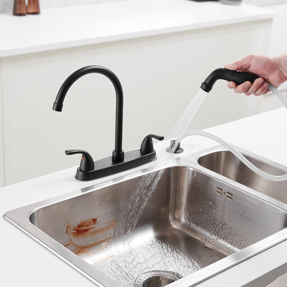Matte Black Double Handle Bridge Kitchen Faucet with Pull-out Spray