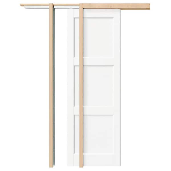36 in. x 80 in (Double 18 in. Doors). 3 Panel Solid Core DIY Painted, White Primed, Wood MDF Pocket Door w/ All Hardware