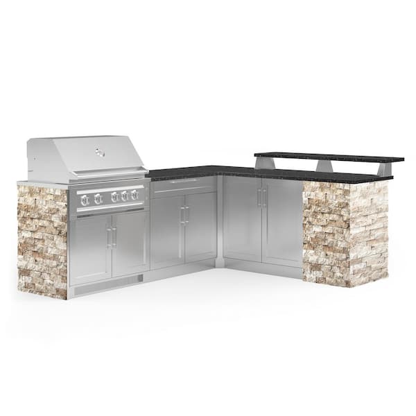 NewAge Products Signature Series Stainless Steel 8-Piece L Shape Outdoor Kitchen Cabinet Set with Natural Gas Platinum 36 in. Grill