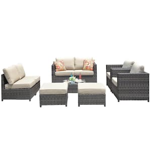 Ontario Lake Gray 9-Piece Wicker Outdoor Patio Conversation Seating Set with Beige Cushions