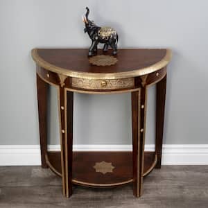 Ranthore 30 in. Dark Brown Specialty Demilune Shaped Wood and Brass Foil Console Table with 1 Drawer